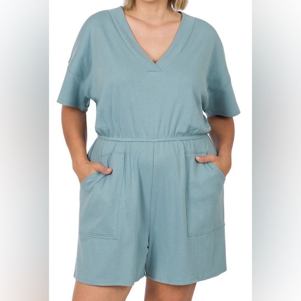 Zenana Drop Shoulder V-neck Romper with Pockets
